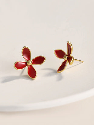 Chinese red glaze flower earrings