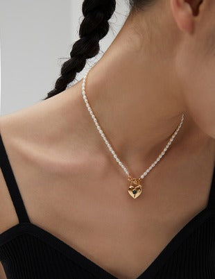 Sterling silver heart-shaped rice-grain pearl necklace (certificate not included)