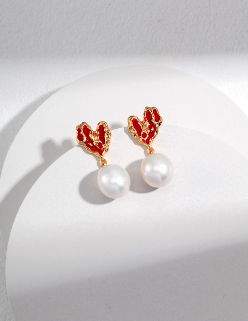 Sterling silver heart drop glaze pearl earrings