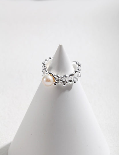 Wave design series sterling silver pearl ring