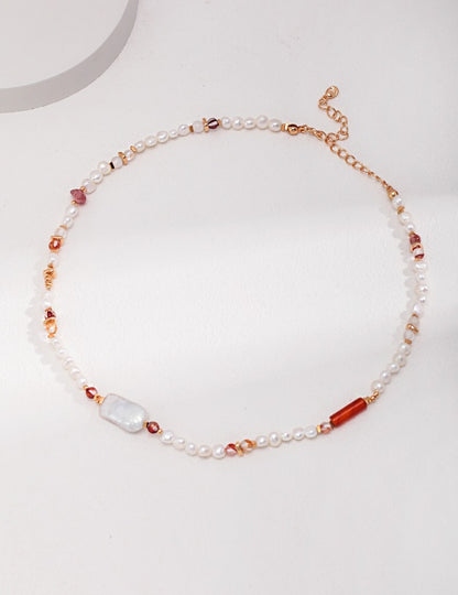 Sterling Silver Strawberry Quartz Baroque Pearl Necklace