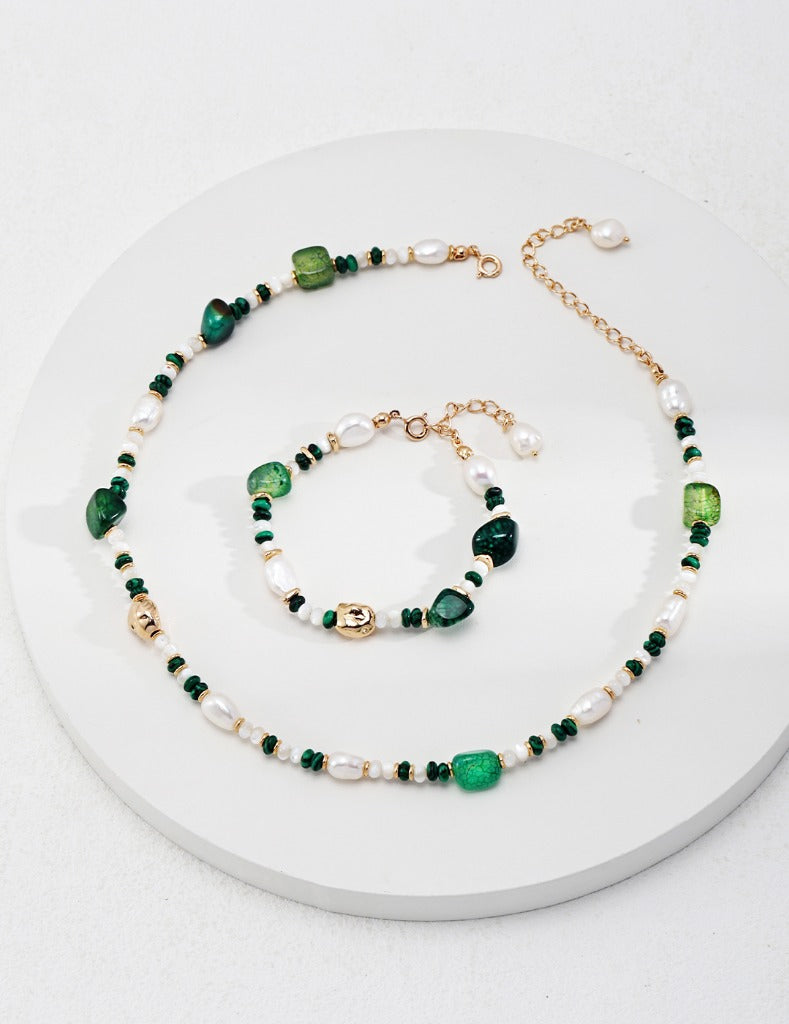 Sterling silver pearl agate necklace malachite