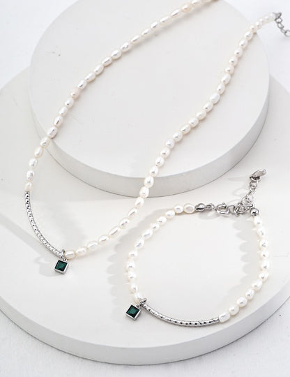 Sterling silver zircon pearl necklace